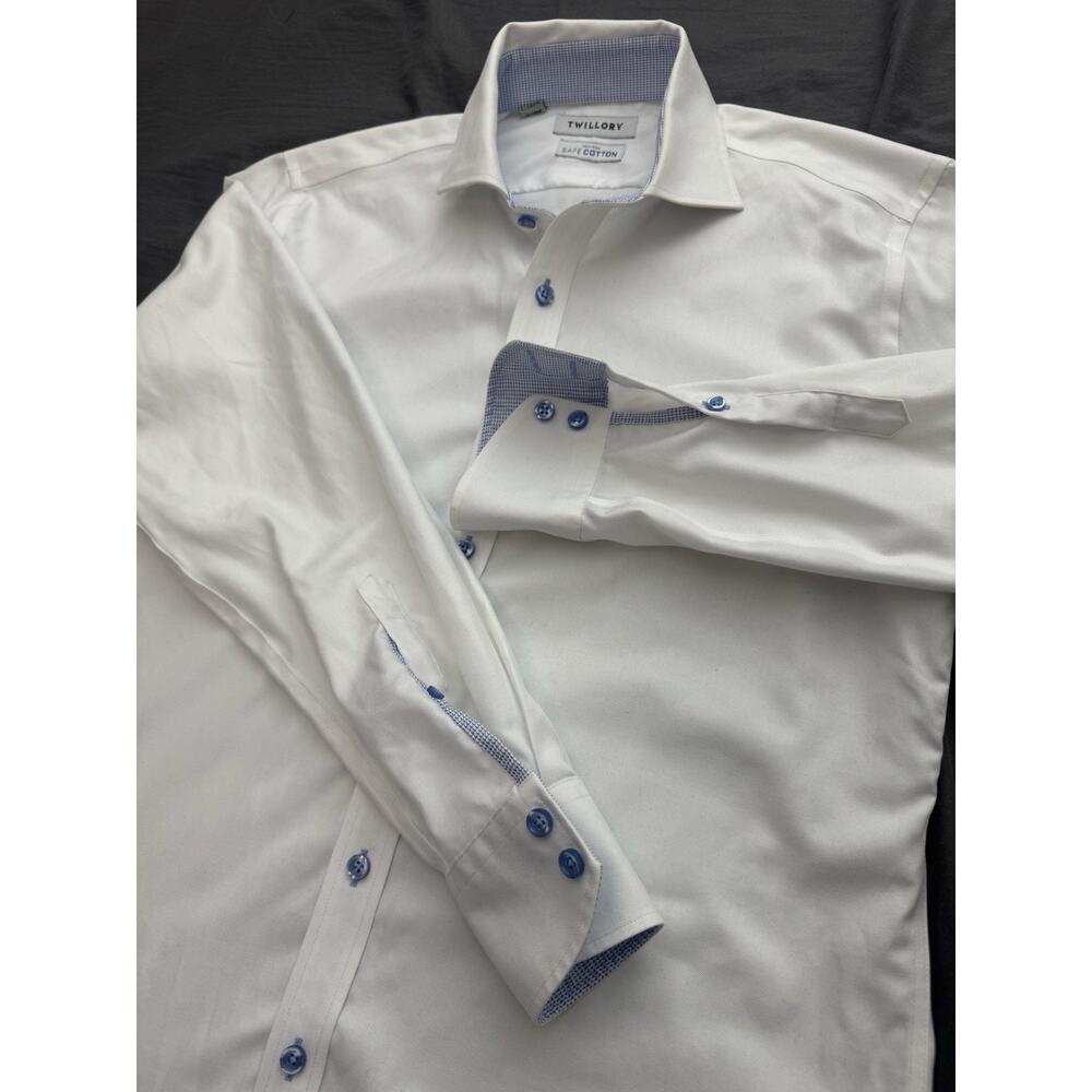 Twillory Men’s 15.5 32/33 White Dress Shirt Non Iron Cotton Blue Trim L/S
